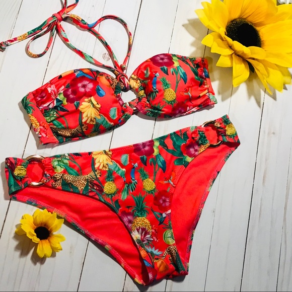 Hot Coral Pink Tropical Print 2 pc Bathing Suit 8 - Picture 6 of 14